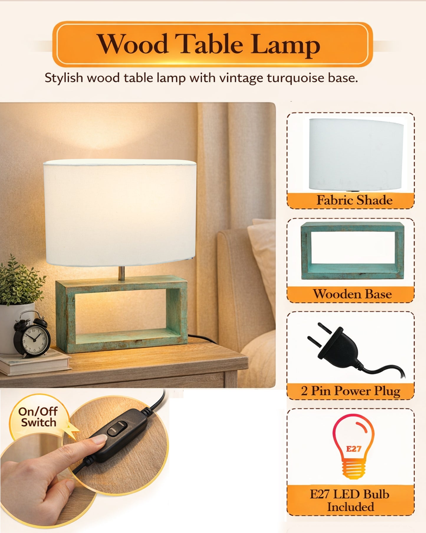 Wood Table Lamp French Country Rustic Bedside Desk Nightstand Lamp for Bedroom Living Room Office LED Bulb Included, Algae Rectangle