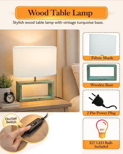 Wood Table Lamp French Country Rustic Bedside Desk Nightstand Lamp for Bedroom Living Room Office LED Bulb Included, Algae Rectangle