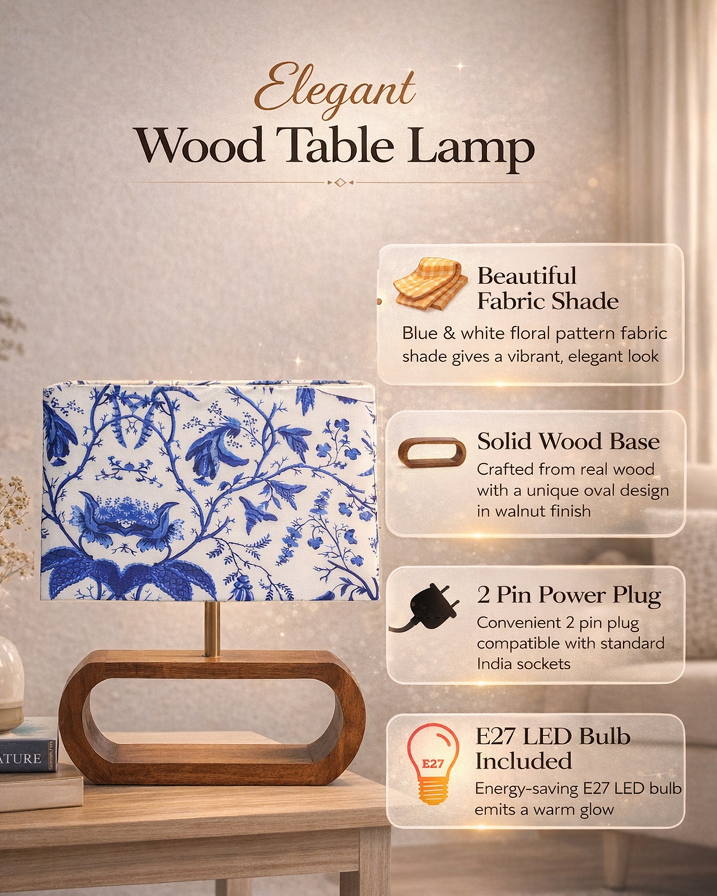 Wood Table Lamp French Country Rustic Bedside Desk Nightstand Lamp for Bedroom Living Room Office LED Bulb Included, Walnut Oblong
