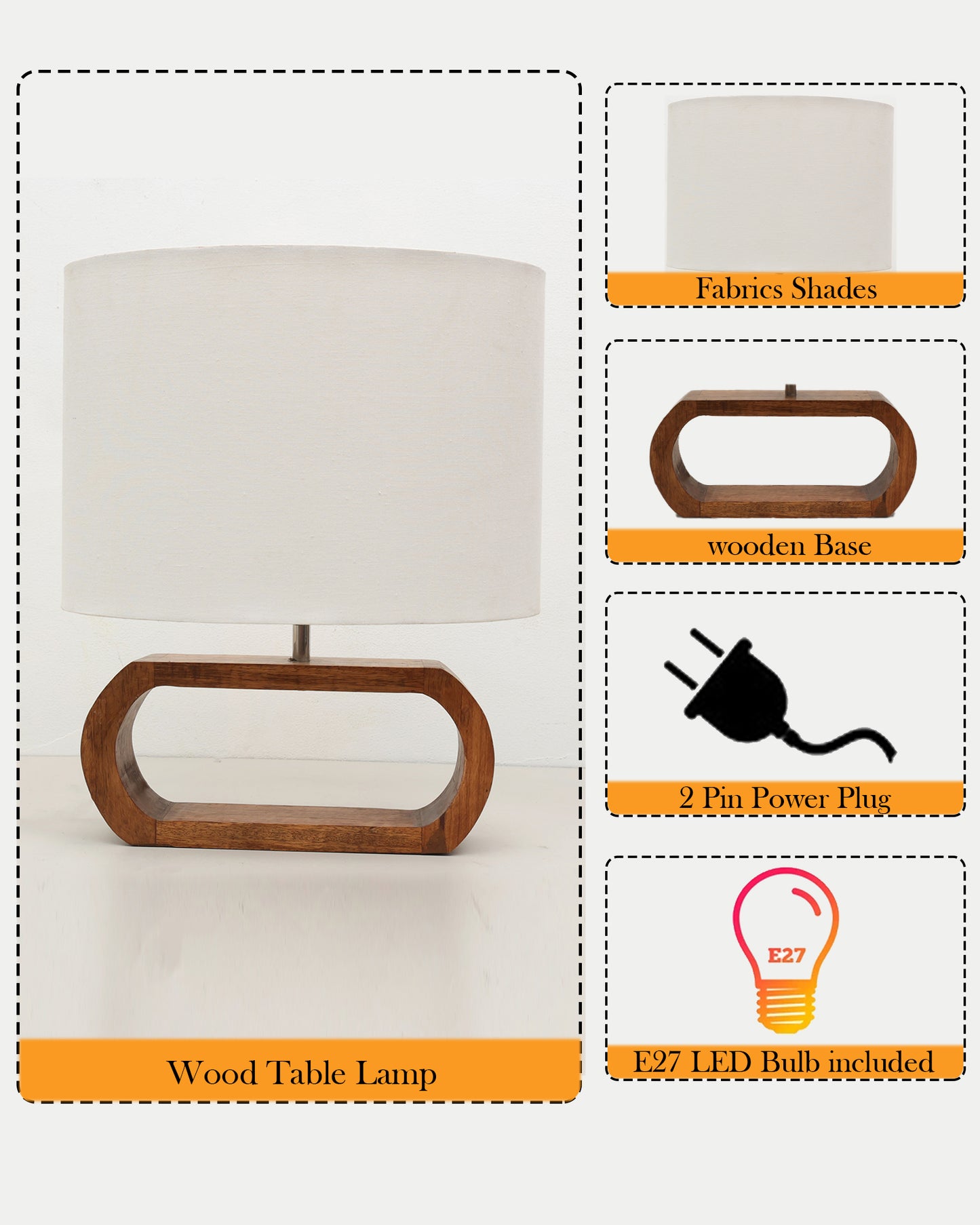 Wood Table Lamp French Country Rustic Bedside Desk Nightstand Lamp for Bedroom Living Room Office LED Bulb Included, Walnut Oblong
