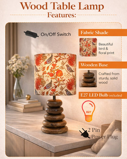 Wood Table Lamp French Country Rustic Bedside Desk Nightstand Lamp for Bedroom Living Room Office LED Bulb Included, Walnut Multi-Pebble