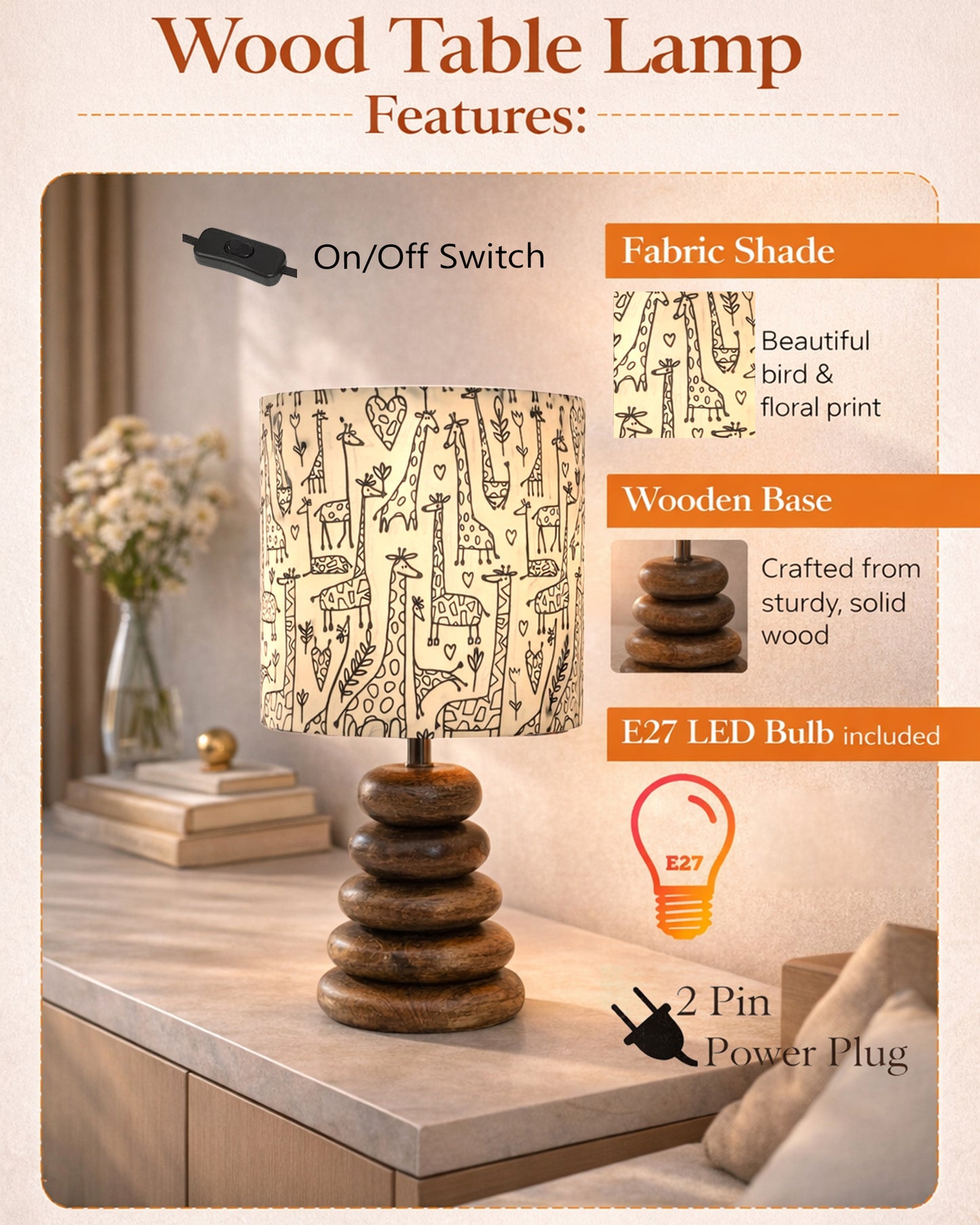 Wood Table Lamp French Country Rustic Bedside Desk Nightstand Lamp for Bedroom Living Room Office LED Bulb Included, Walnut Multi-Pebble
