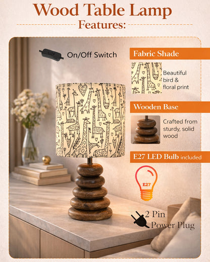 Wood Table Lamp French Country Rustic Bedside Desk Nightstand Lamp for Bedroom Living Room Office LED Bulb Included, Walnut Multi-Pebble