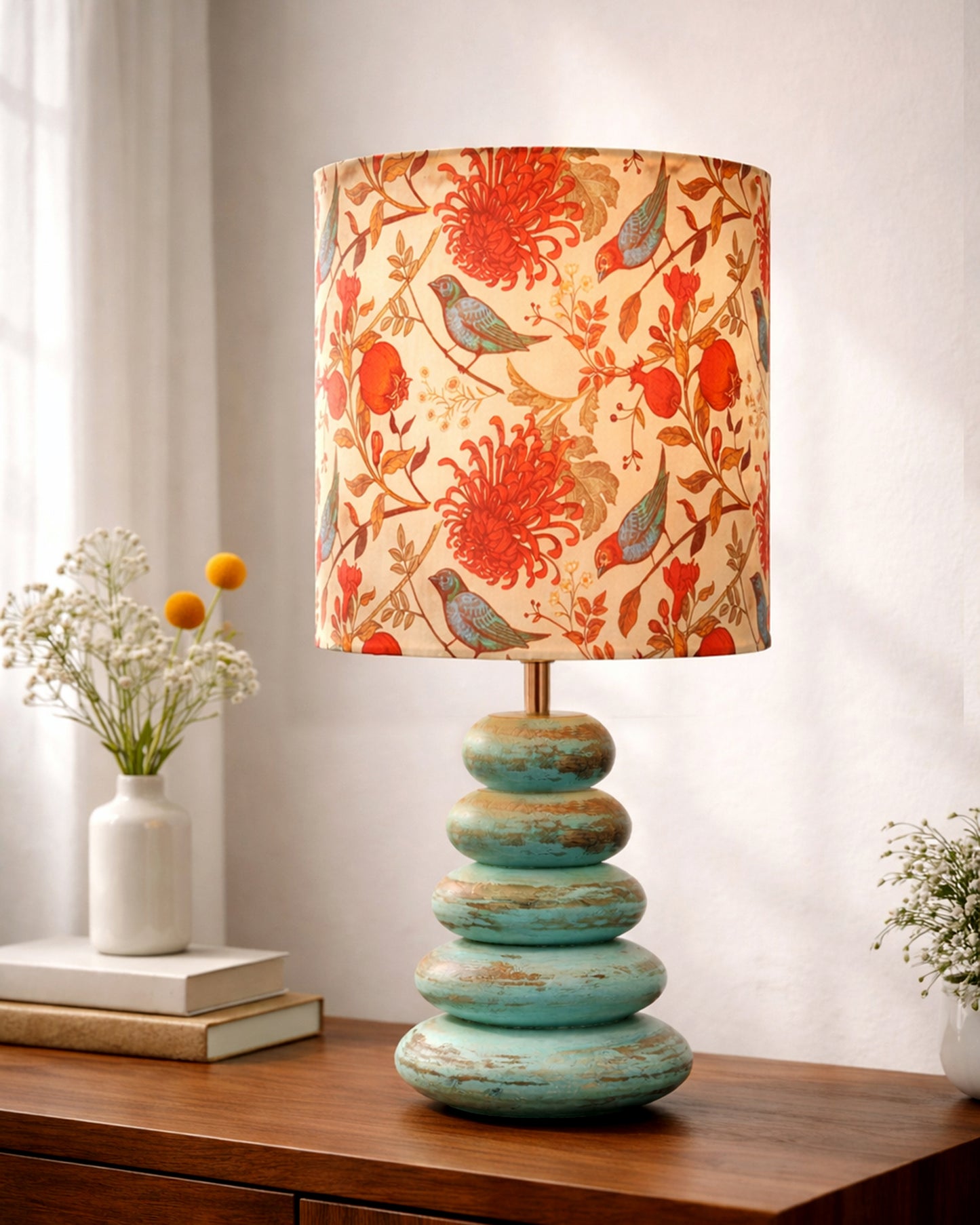 Wood Table Lamp French Country Rustic Bedside Desk Nightstand Lamp for Bedroom Living Room Office LED Bulb Included,Algae Multi-Pebble