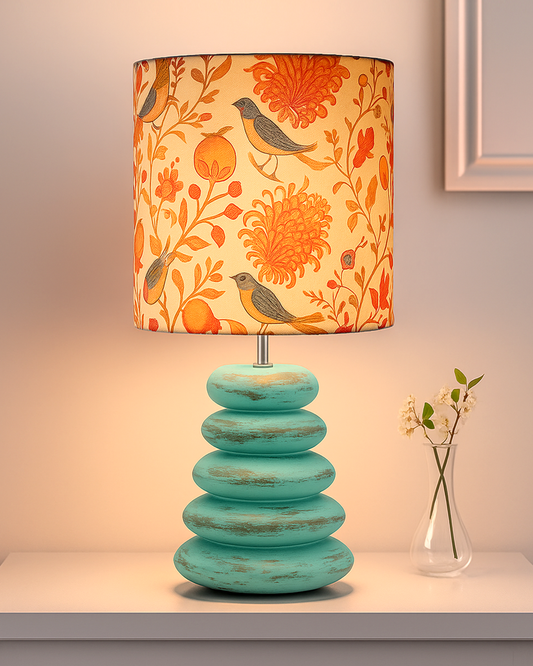 Wood Table Lamp French Country Rustic Bedside Desk Nightstand Lamp for Bedroom Living Room Office LED Bulb Included,Algae Multi-Pebble