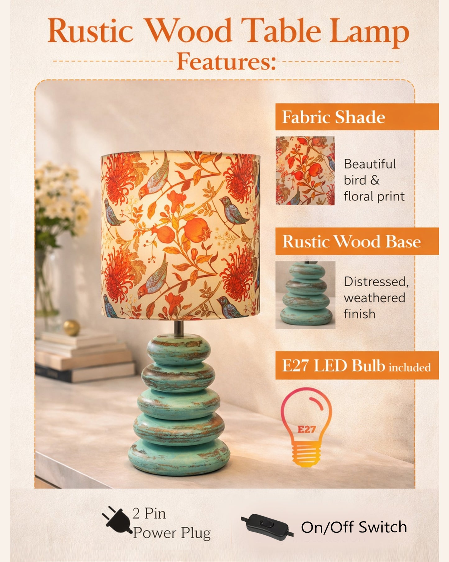 Wood Table Lamp French Country Rustic Bedside Desk Nightstand Lamp for Bedroom Living Room Office LED Bulb Included,Algae Multi-Pebble