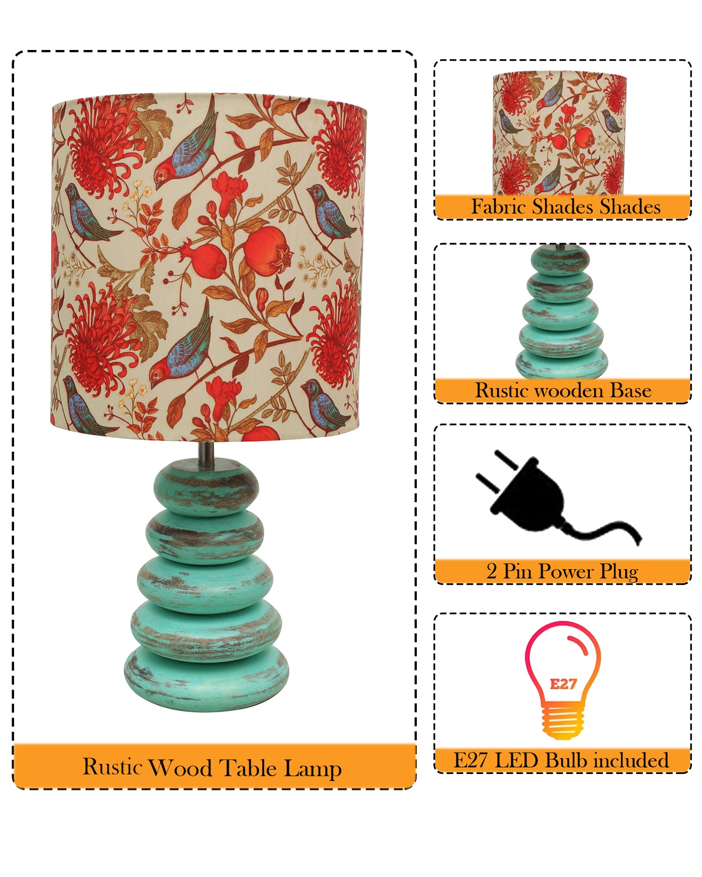 Wood Table Lamp French Country Rustic Bedside Desk Nightstand Lamp for Bedroom Living Room Office LED Bulb Included,Algae Multi-Pebble