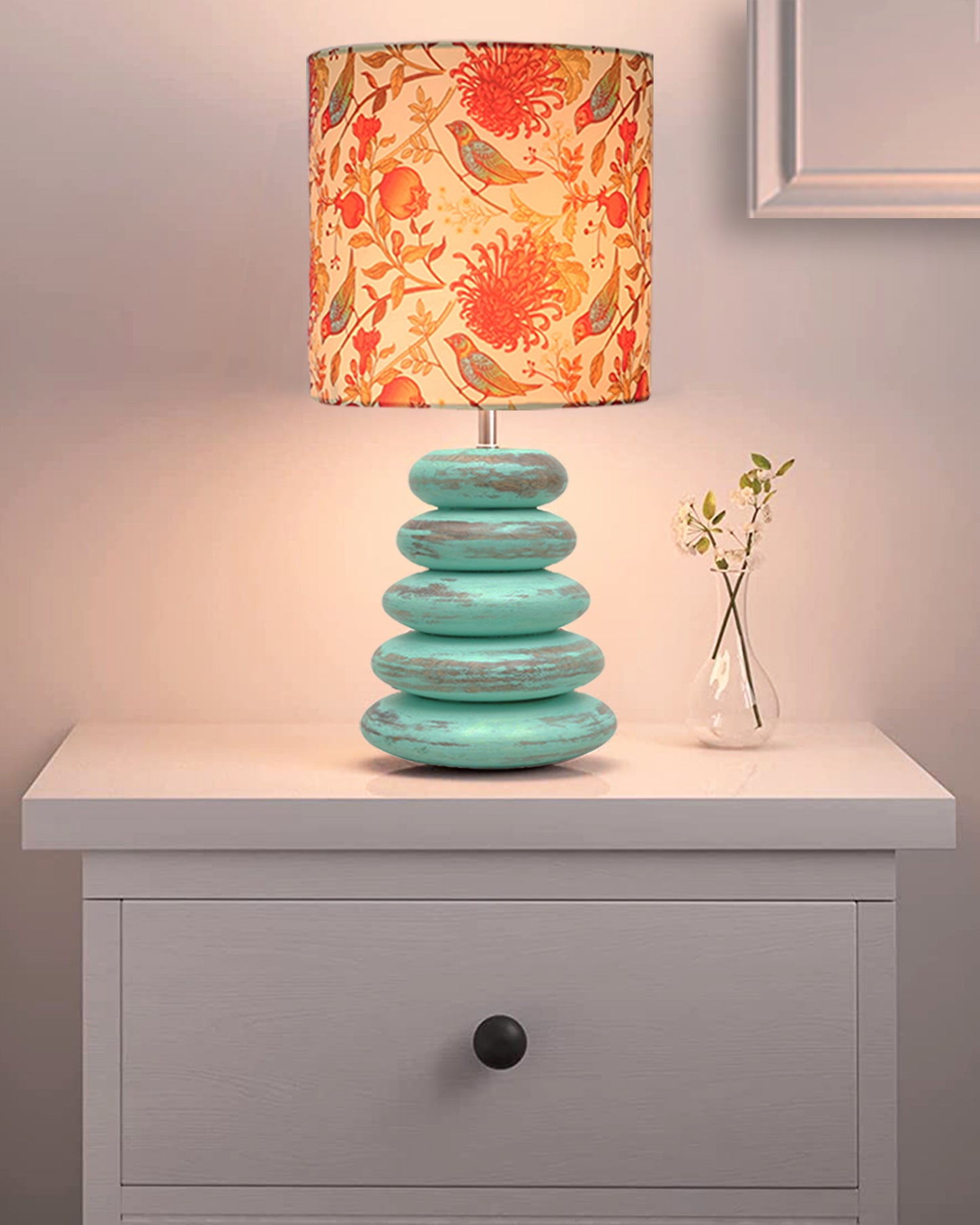 Wood Table Lamp French Country Rustic Bedside Desk Nightstand Lamp for Bedroom Living Room Office LED Bulb Included,Algae Multi-Pebble