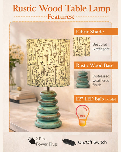 Wood Table Lamp French Country Rustic Bedside Desk Nightstand Lamp for Bedroom Living Room Office LED Bulb Included,Algae Multi-Pebble