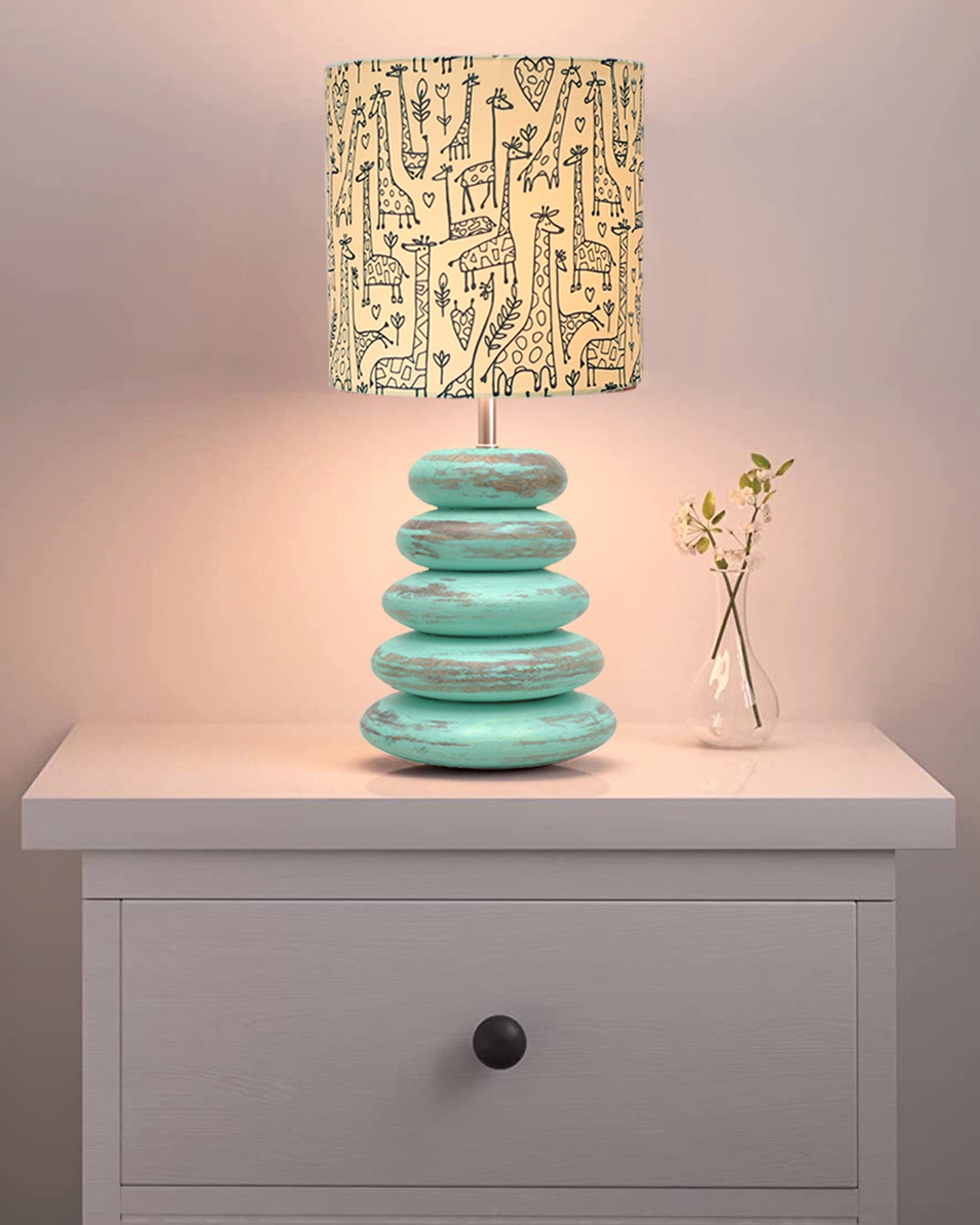 Wood Table Lamp French Country Rustic Bedside Desk Nightstand Lamp for Bedroom Living Room Office LED Bulb Included,Algae Multi-Pebble