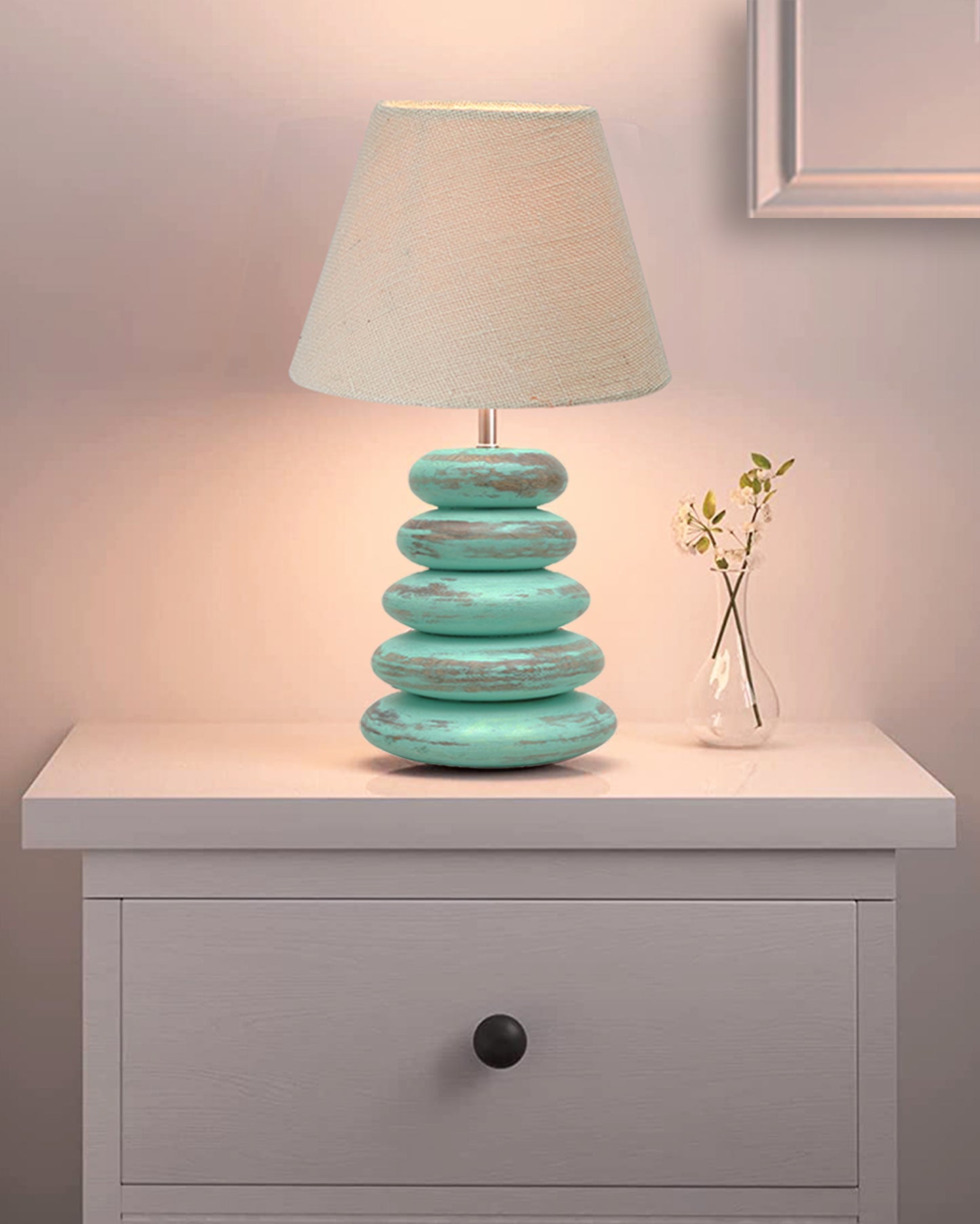 Wood Table Lamp French Country Rustic Bedside Desk Nightstand Lamp for Bedroom Living Room Office LED Bulb Included,Algae Multi-Pebble
