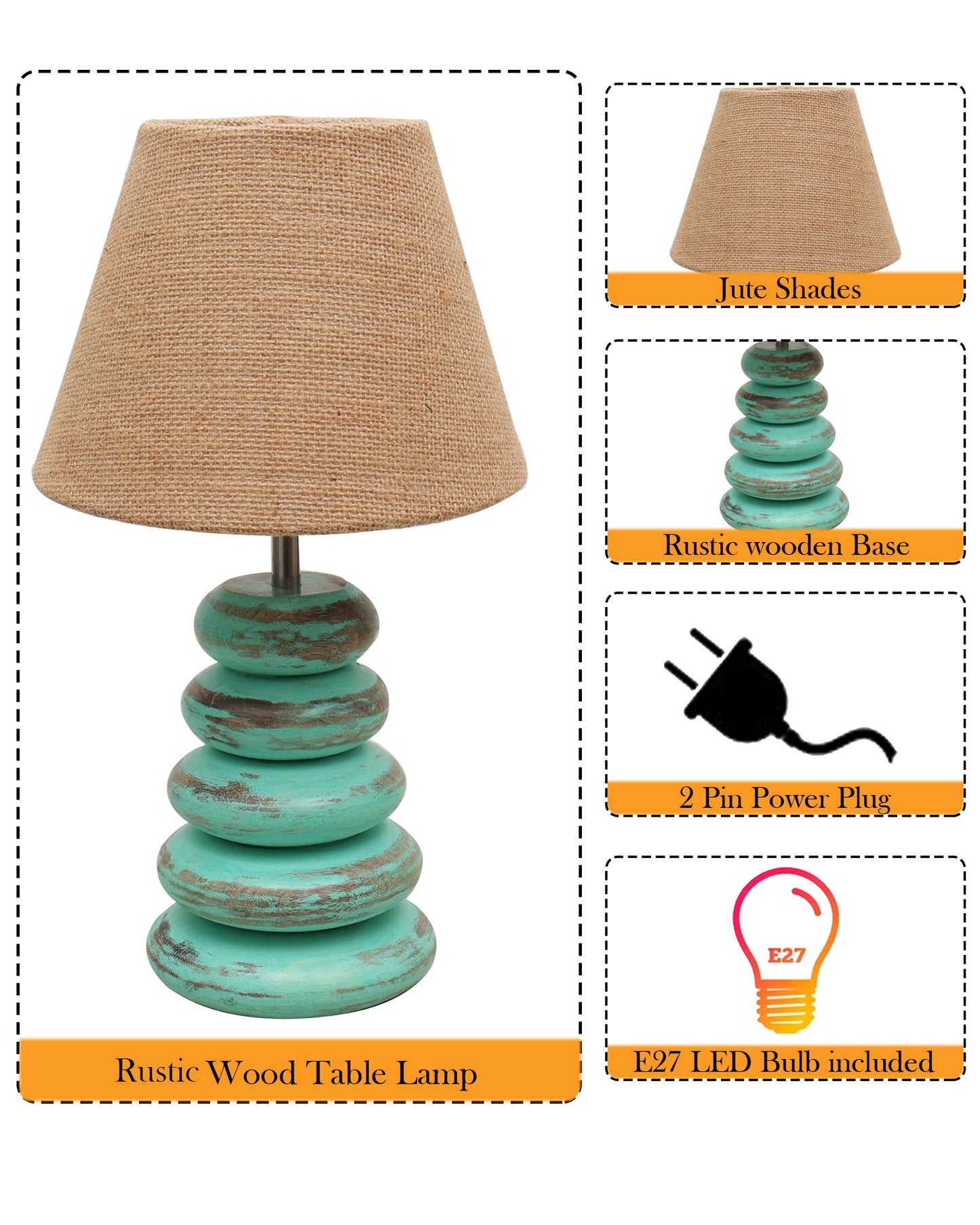 Wood Table Lamp French Country Rustic Bedside Desk Nightstand Lamp for Bedroom Living Room Office LED Bulb Included,Algae Multi-Pebble