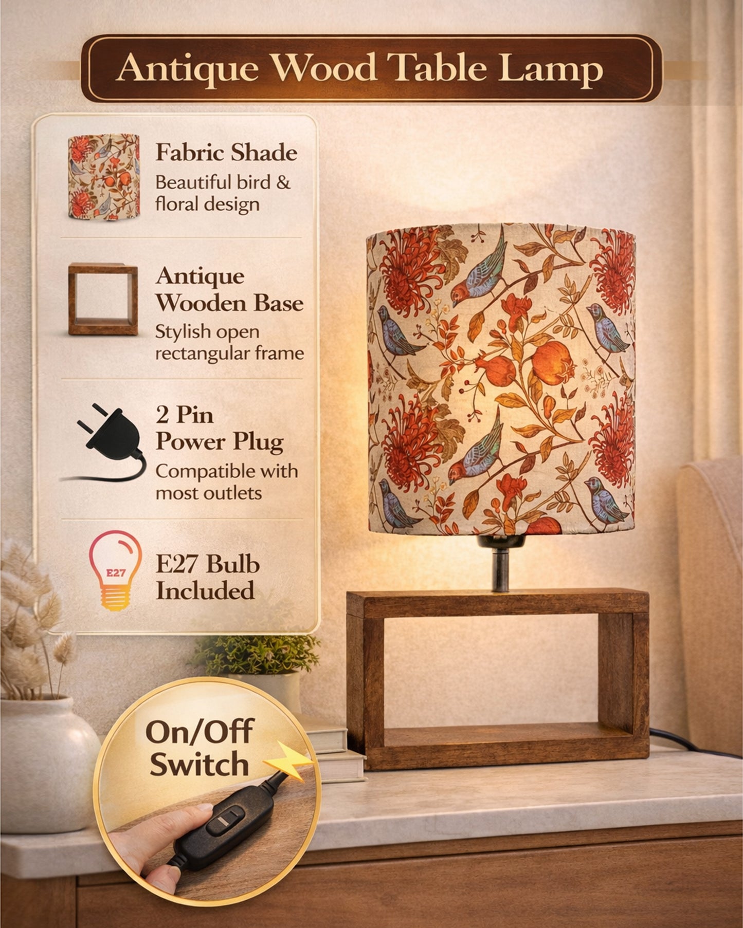 Wood Table Lamp French Country Rustic Bedside Desk Nightstand Lamp for Bedroom Living Room Office LED Bulb Included, Walnut Rectangle Drum