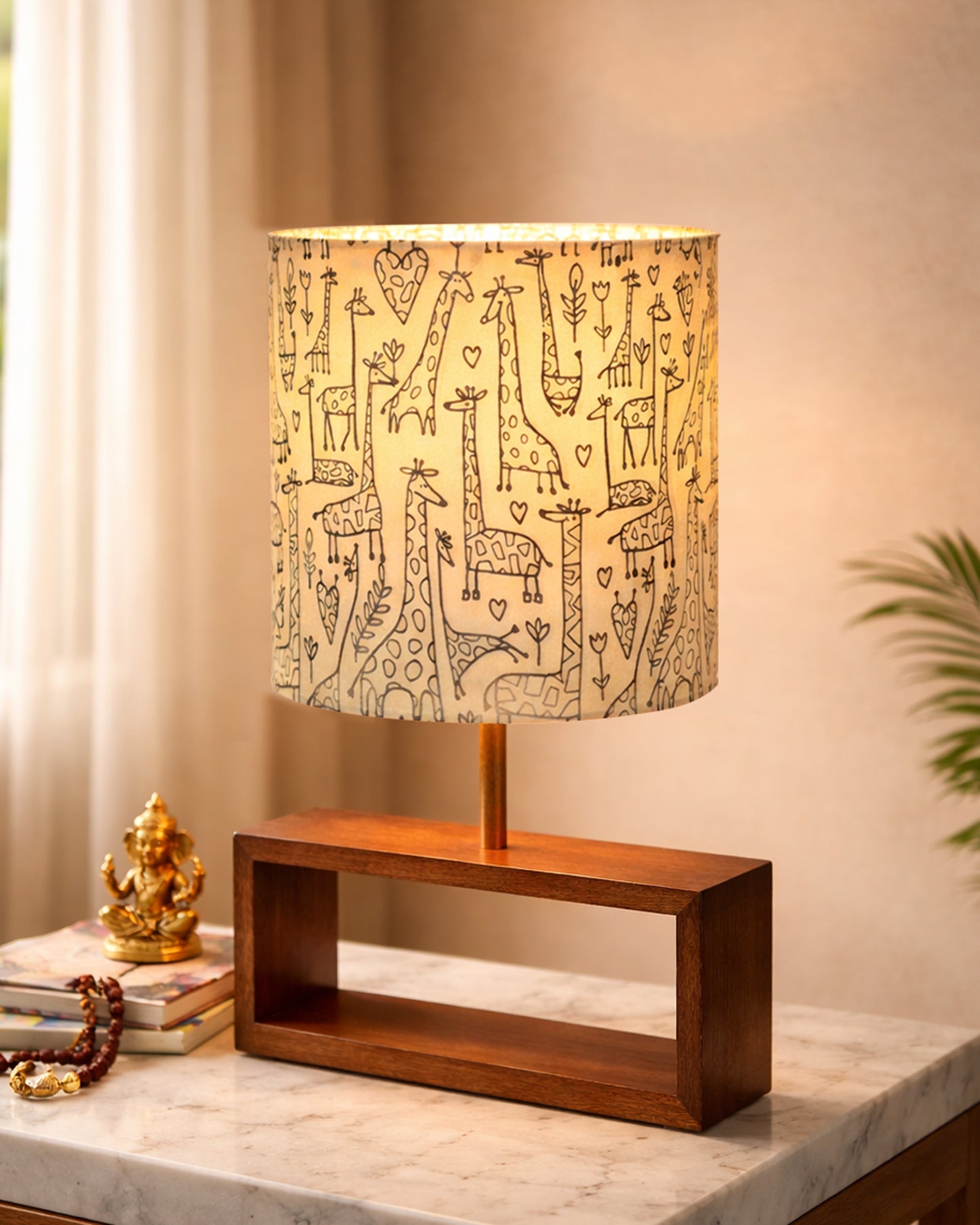Wood Table Lamp French Country Rustic Bedside Desk Nightstand Lamp for Bedroom Living Room Office LED Bulb Included, Walnut Rectangle Drum