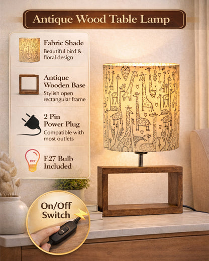Wood Table Lamp French Country Rustic Bedside Desk Nightstand Lamp for Bedroom Living Room Office LED Bulb Included, Walnut Rectangle Drum