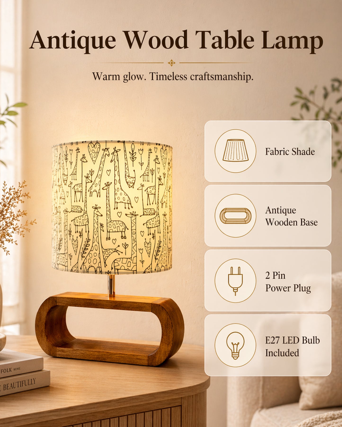 Wood Table Lamp French Country Rustic Bedside Desk Nightstand Lamp for Bedroom Living Room Office LED Bulb Included, Walnut Oblong Drum