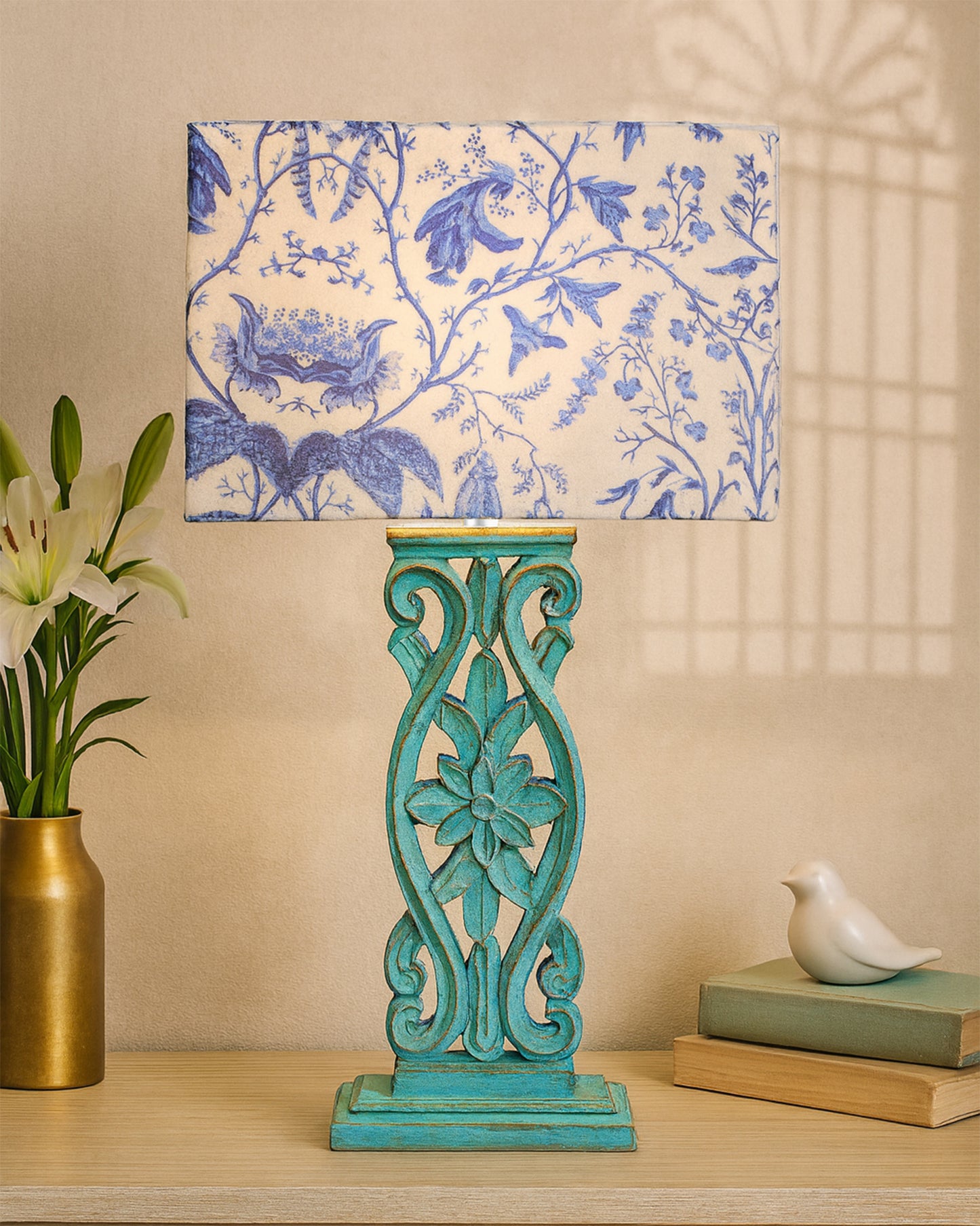 Sculptural Hand Carved Wood Table Lamp with Blue Birds shade, Mint Green.