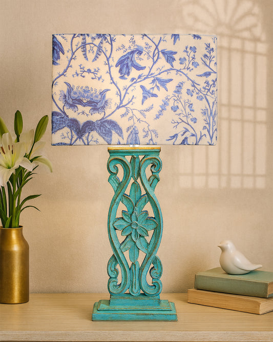 Sculptural Hand Carved Wood Table Lamp with Blue Birds shade, Mint Green.