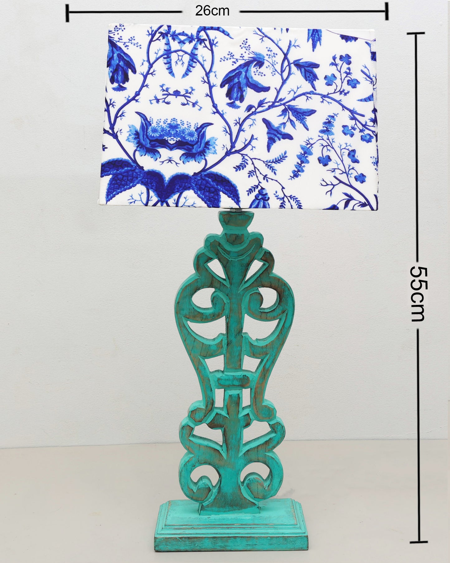 Sculptural Hand Carved Wood Table Lamp with Blue Birds shade, Mint Green.