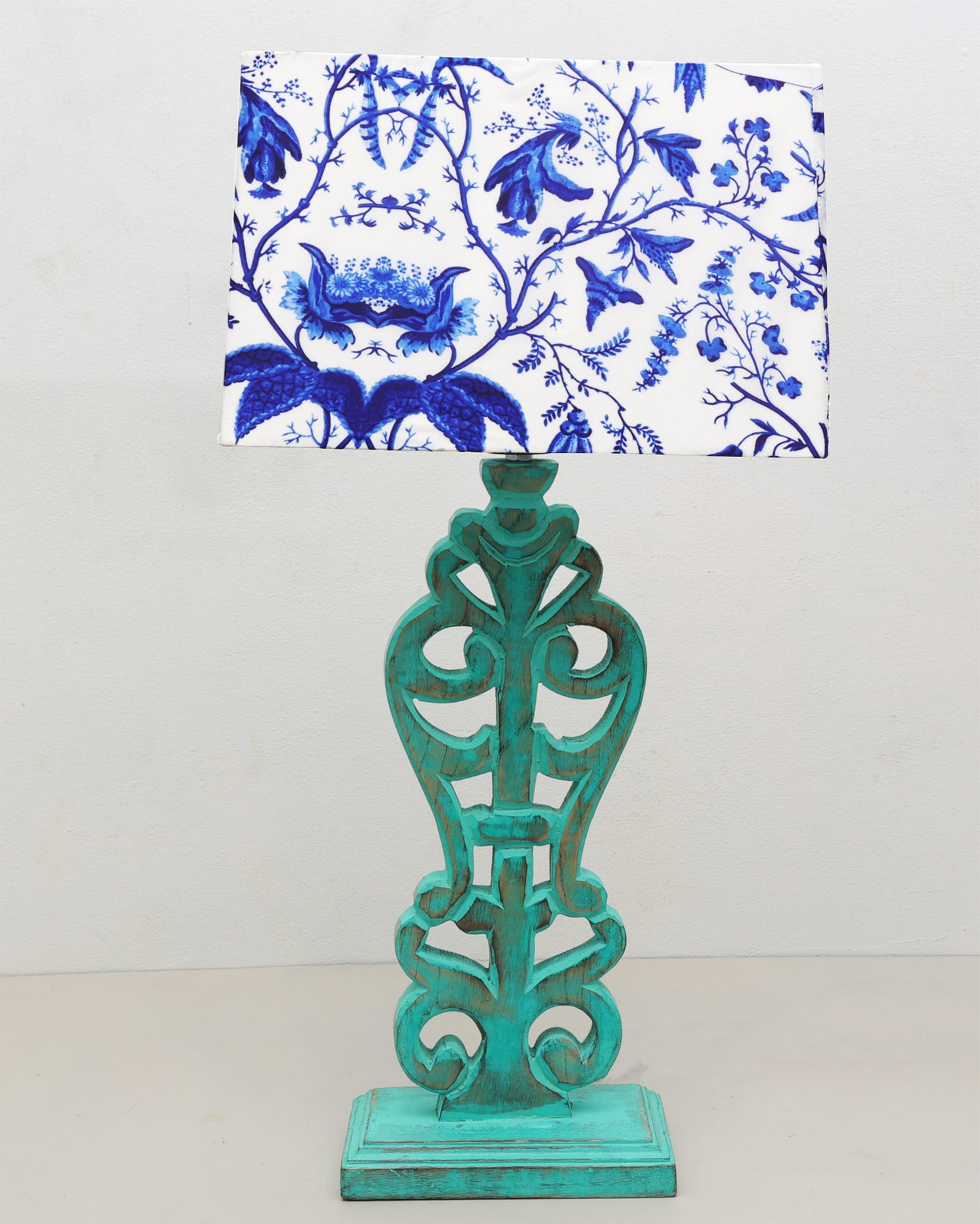 Sculptural Hand Carved Wood Table Lamp with Blue Birds shade, Mint Green.