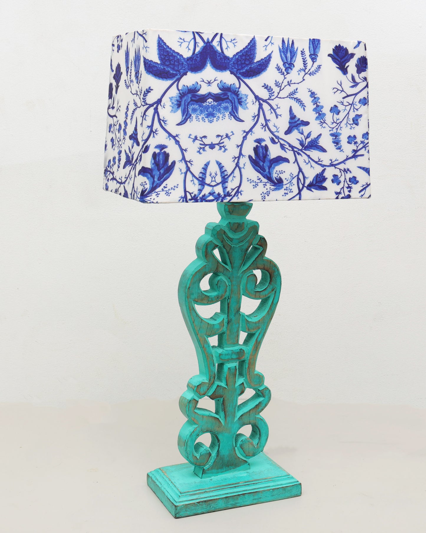 Sculptural Hand Carved Wood Table Lamp with Blue Birds shade, Mint Green.