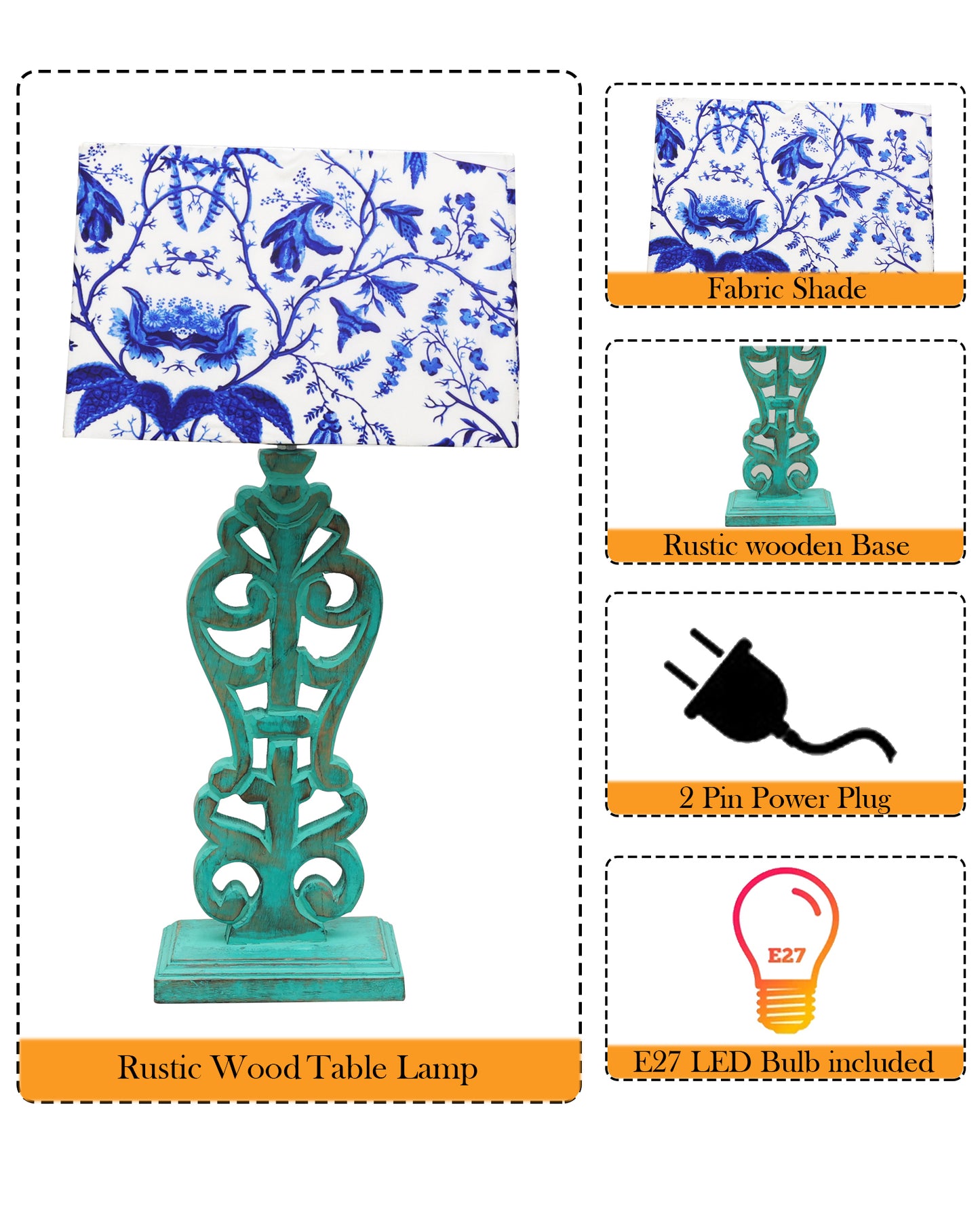 Sculptural Hand Carved Wood Table Lamp with Blue Birds shade, Mint Green.