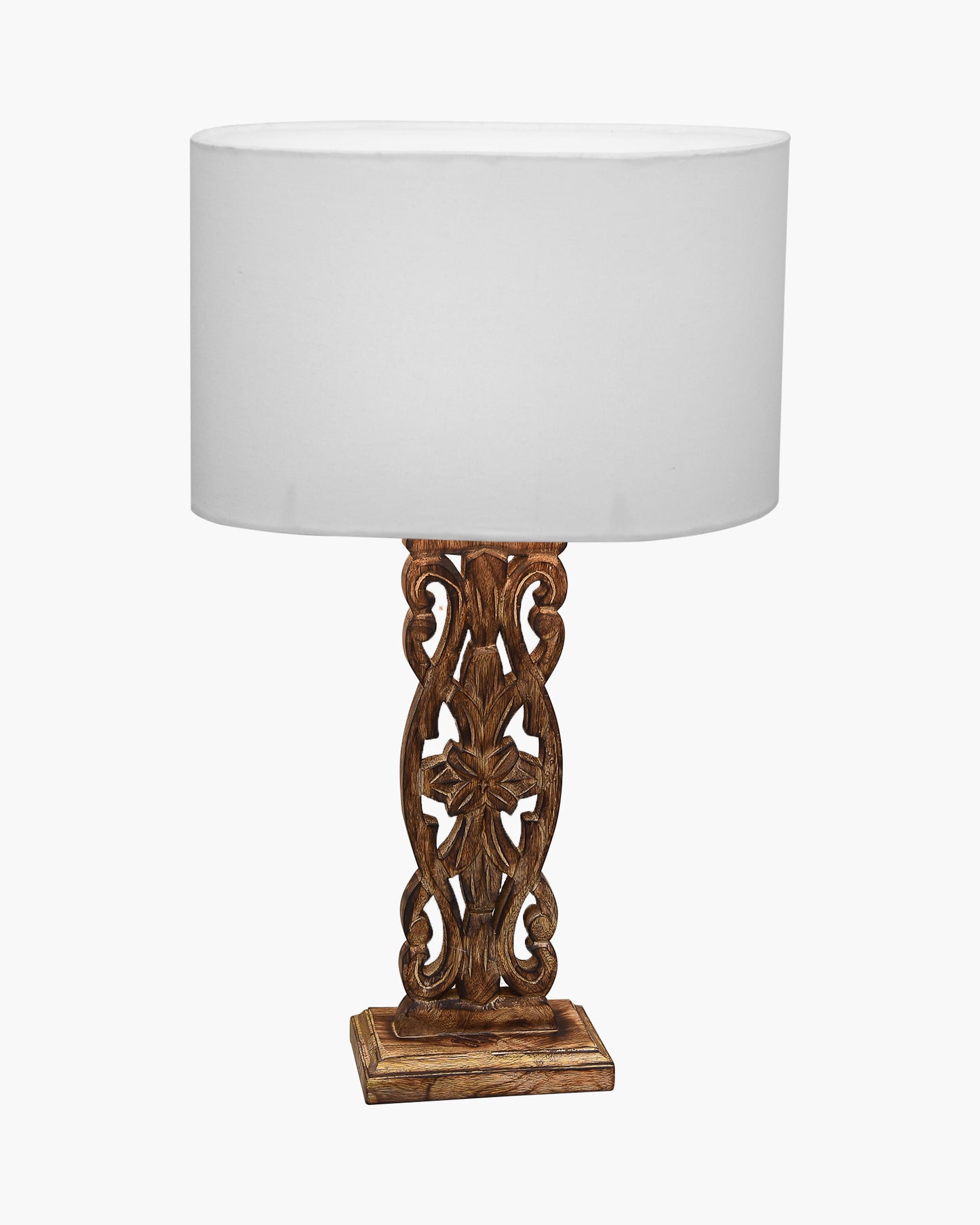 Sculptural Hand Carved Wood Table Lamp with Oval White shade, Antique Black