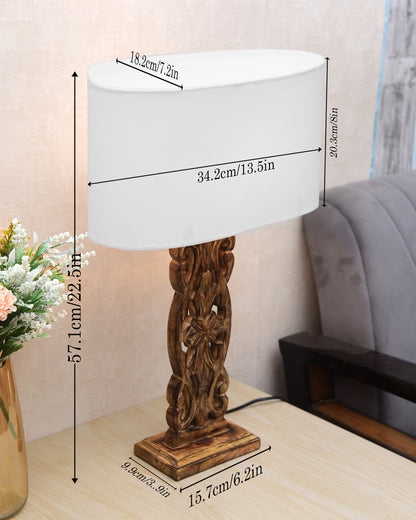 Sculptural Hand Carved Wood Table Lamp with Oval White shade, Antique Black
