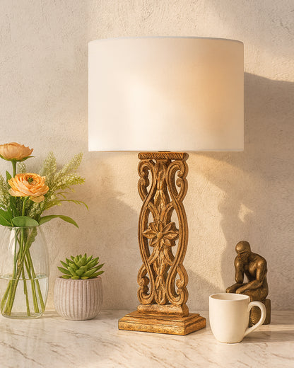 Sculptural Hand Carved Wood Table Lamp with Oval White shade, Antique Black