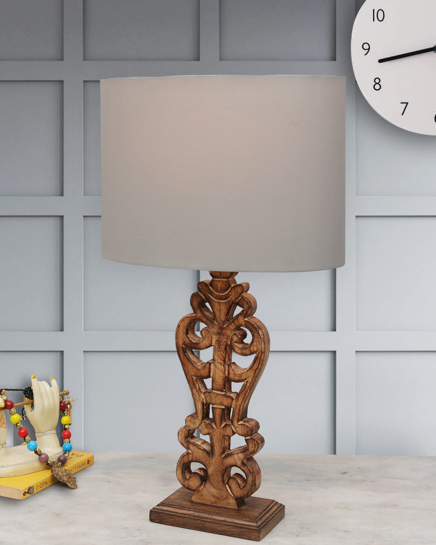 Sculptural Hand Carved Wood Table Lamp with Oval White shade, Antique Black