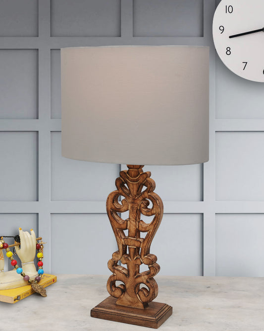 Sculptural Hand Carved Wood Table Lamp with Oval White shade, Antique Black