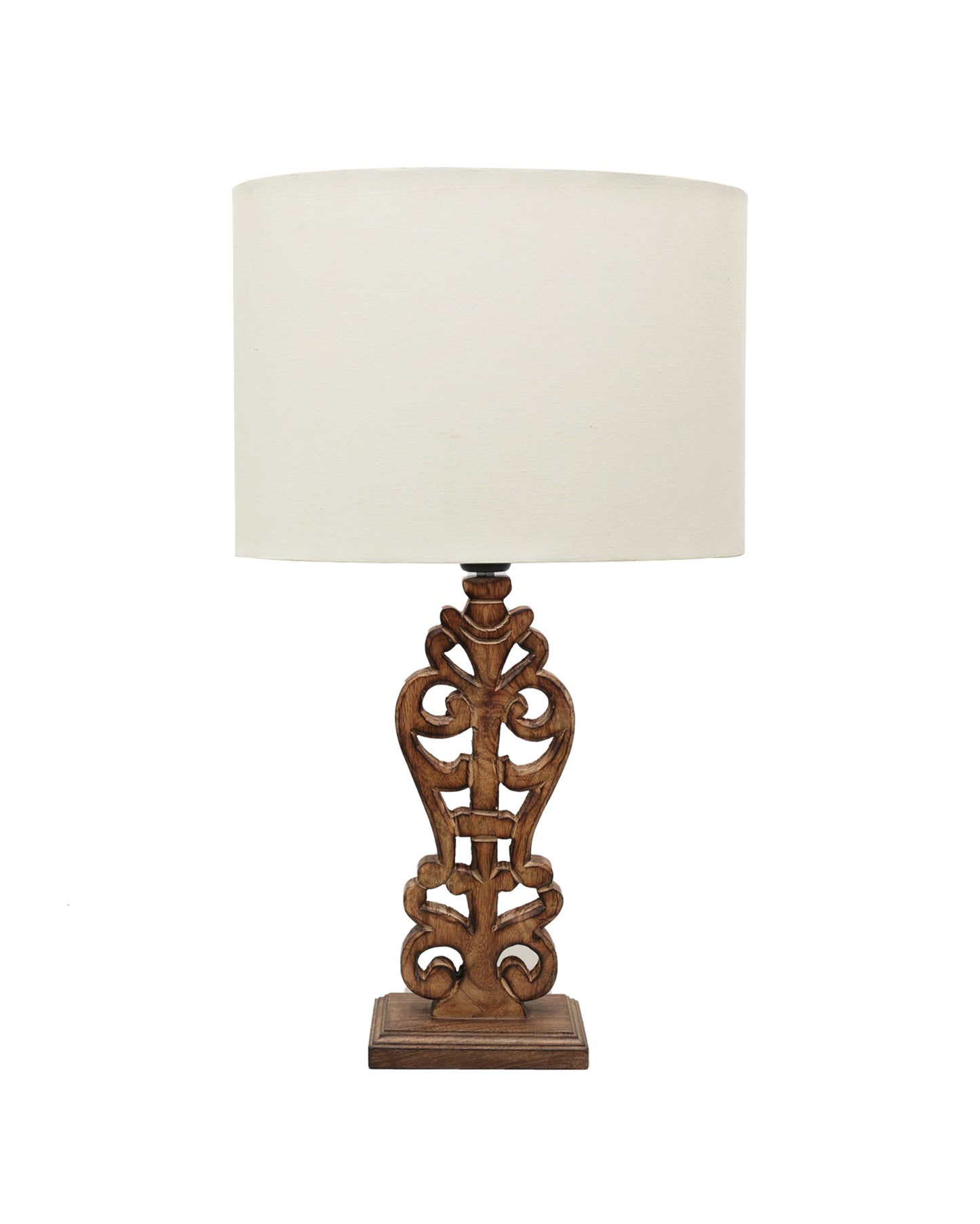 Sculptural Hand Carved Wood Table Lamp with Oval White shade, Antique Black