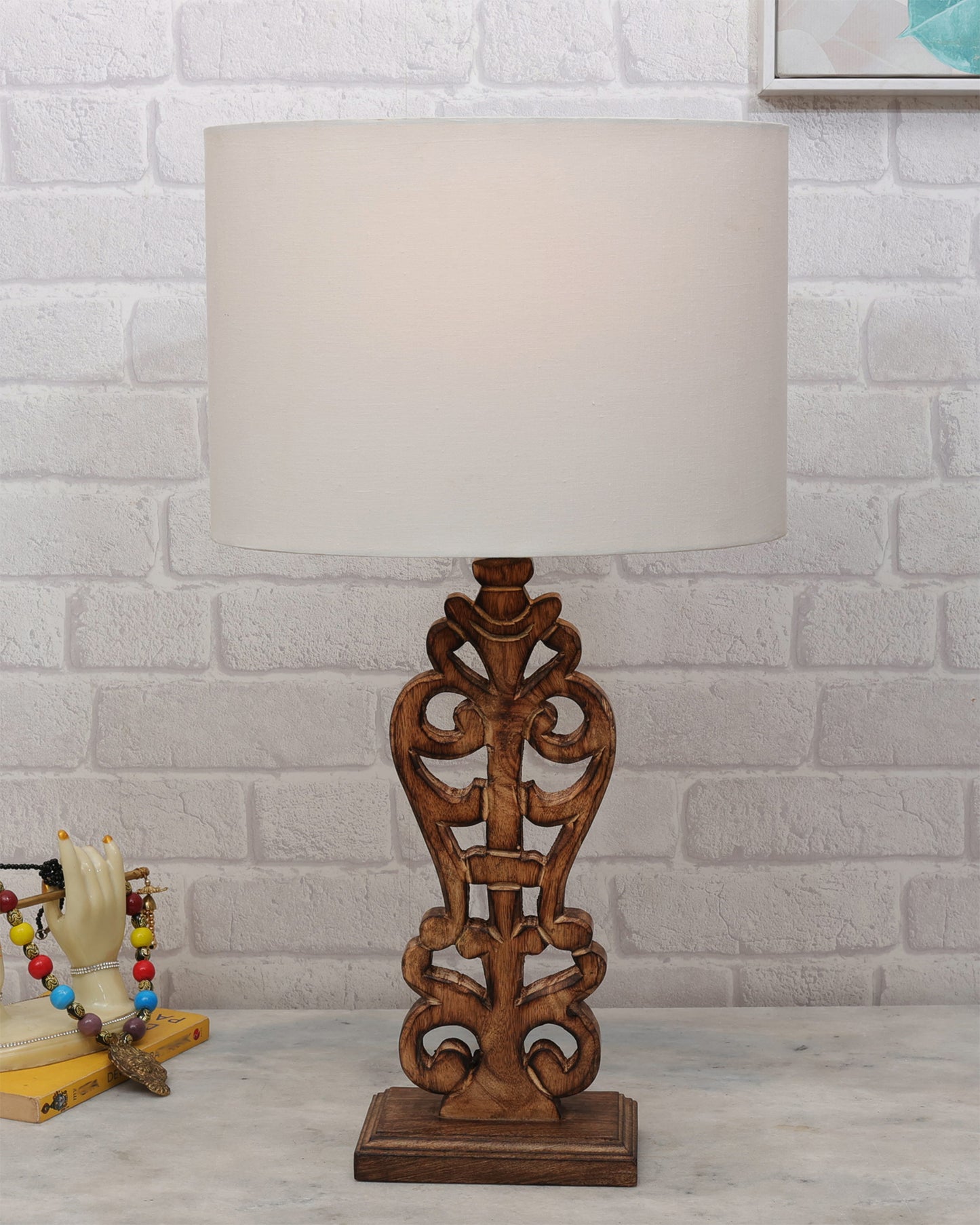 Sculptural Hand Carved Wood Table Lamp with Oval White shade, Antique Black