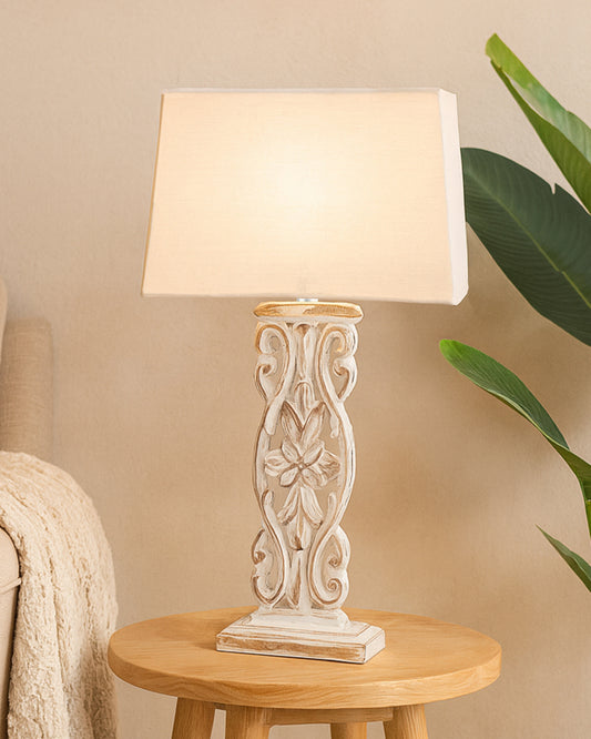 Sculptural Hand Carved Wood Table Lamp with Khadi Square shade, Whitewash