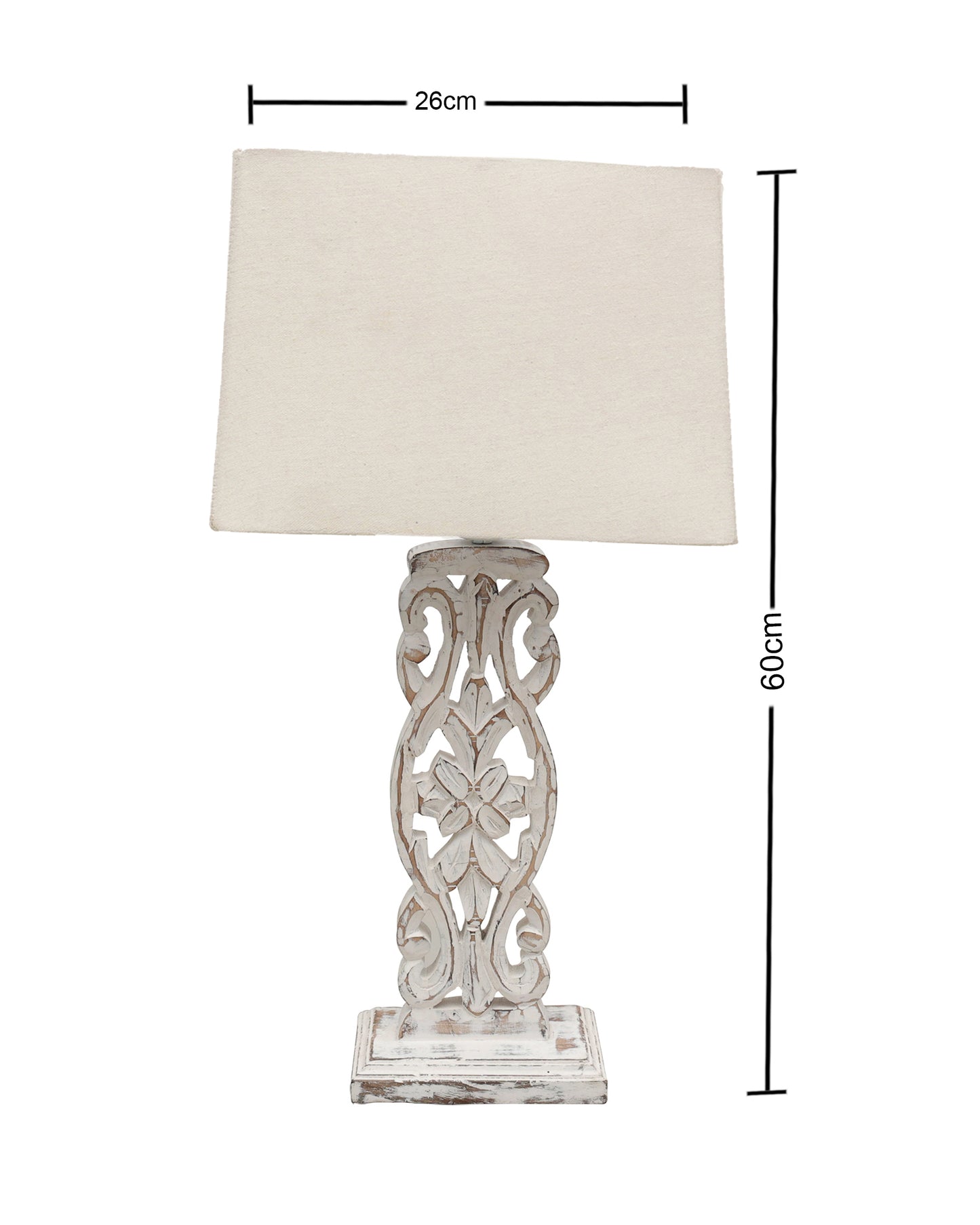 Sculptural Hand Carved Wood Table Lamp with Khadi Square shade, Whitewash