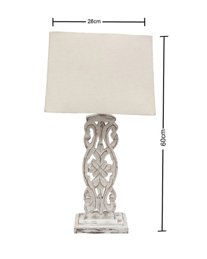 Sculptural Hand Carved Wood Table Lamp with Khadi Square shade, Whitewash