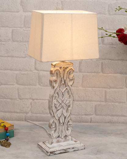 Sculptural Hand Carved Wood Table Lamp with Khadi Square shade, Whitewash