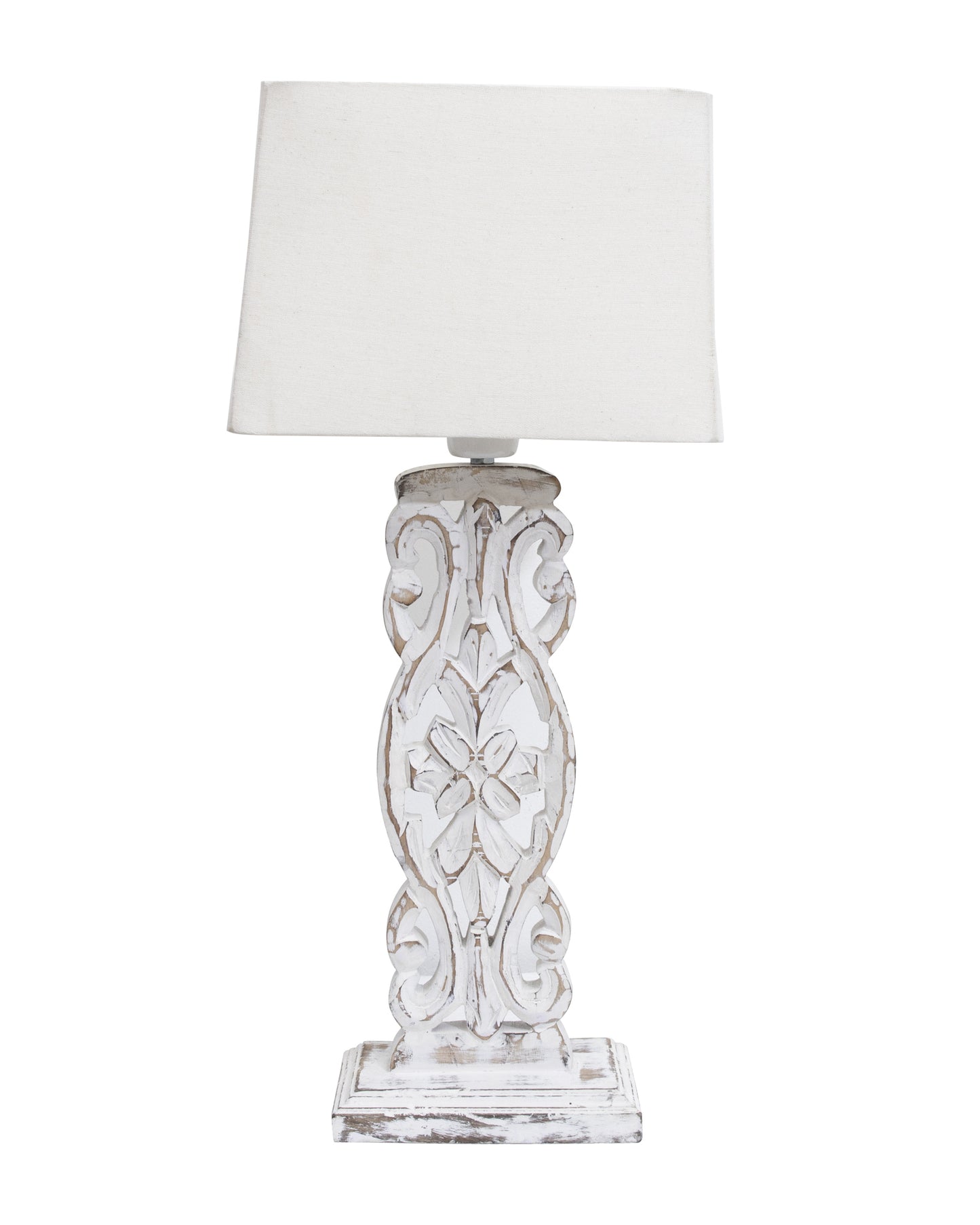 Sculptural Hand Carved Wood Table Lamp with Khadi Square shade, Whitewash