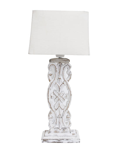 Sculptural Hand Carved Wood Table Lamp with Khadi Square shade, Whitewash