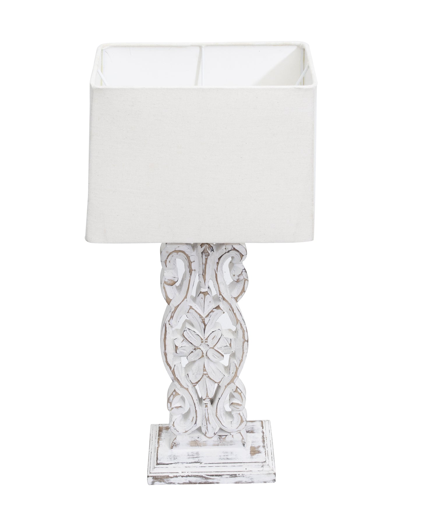 Sculptural Hand Carved Wood Table Lamp with Khadi Square shade, Whitewash