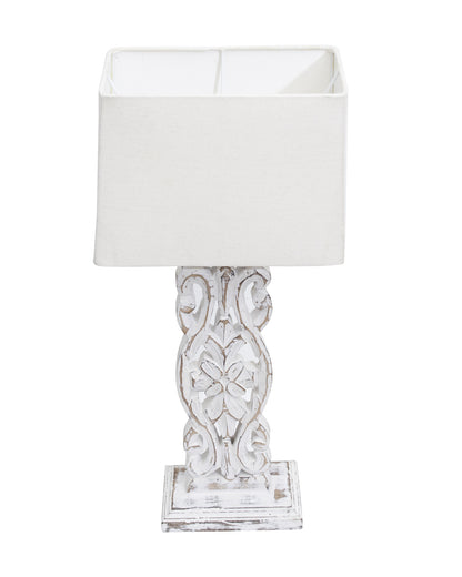 Sculptural Hand Carved Wood Table Lamp with Khadi Square shade, Whitewash