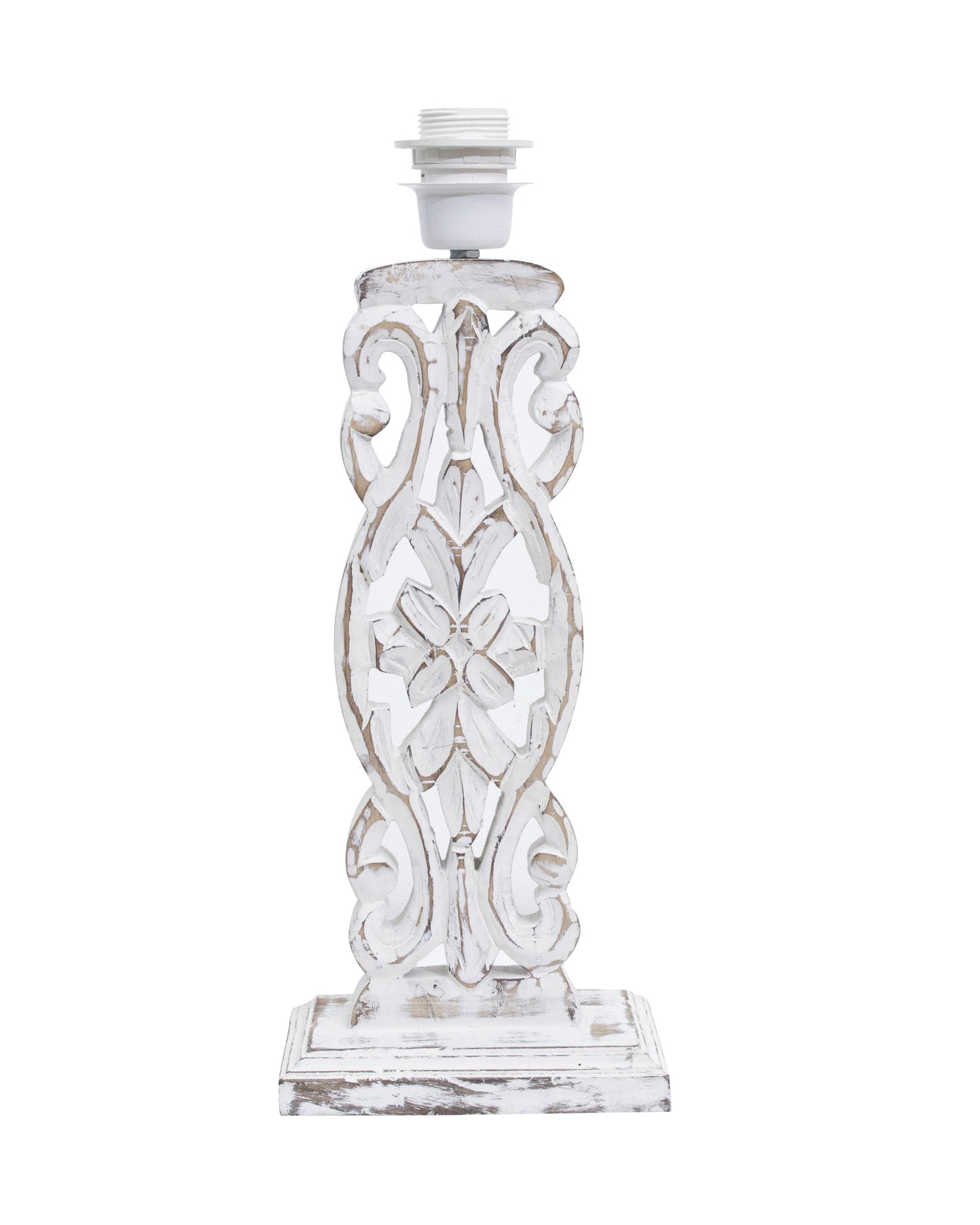 Sculptural Hand Carved Wood Table Lamp with Khadi Square shade, Whitewash