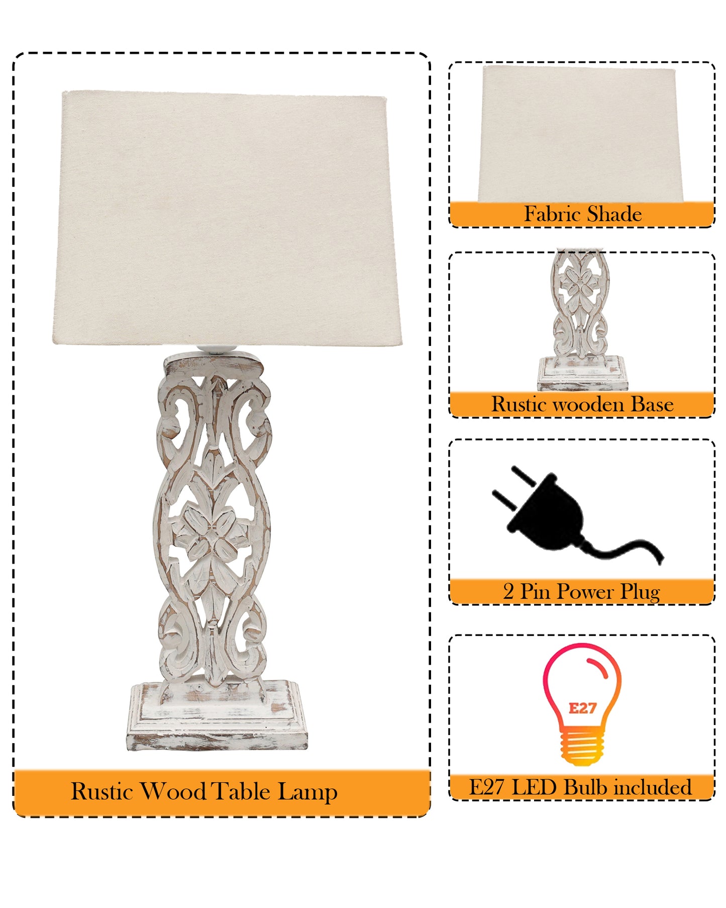 Sculptural Hand Carved Wood Table Lamp with Khadi Square shade, Whitewash