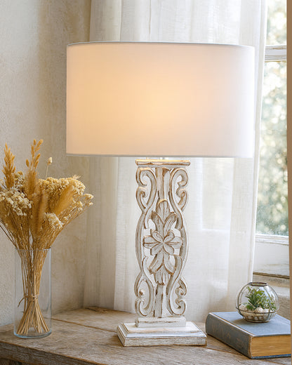 Sculptural Hand Carved Wood Table Lamp with Oval White shade, Antique Black