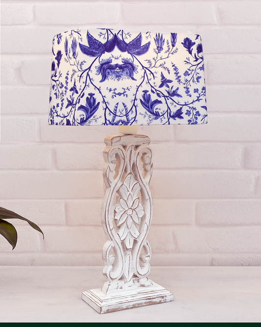 Sculptural Hand Carved Wood Table Lamp with Blue Birds shade, Mint Green.