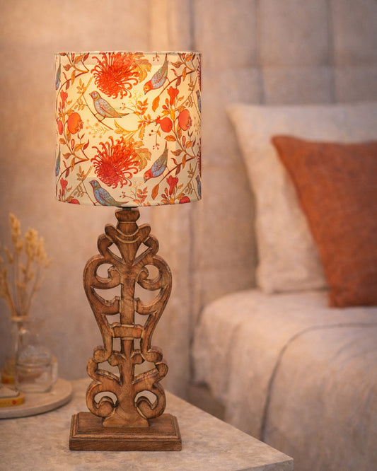 Sculptural Hand Carved Wood Table Lamp with Savannah shade, Antique Black