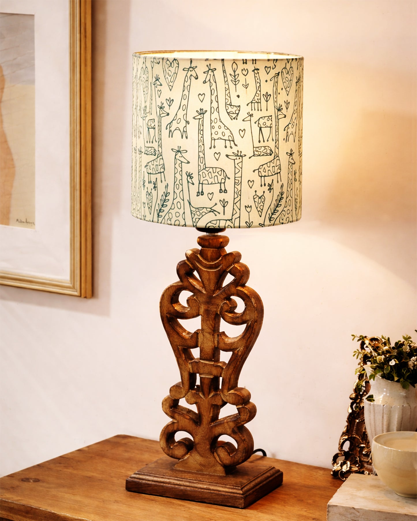 Sculptural Hand Carved Wood Table Lamp with Savannah shade, Antique Black