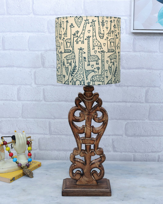 Sculptural Hand Carved Wood Table Lamp with Savannah shade, Antique Black