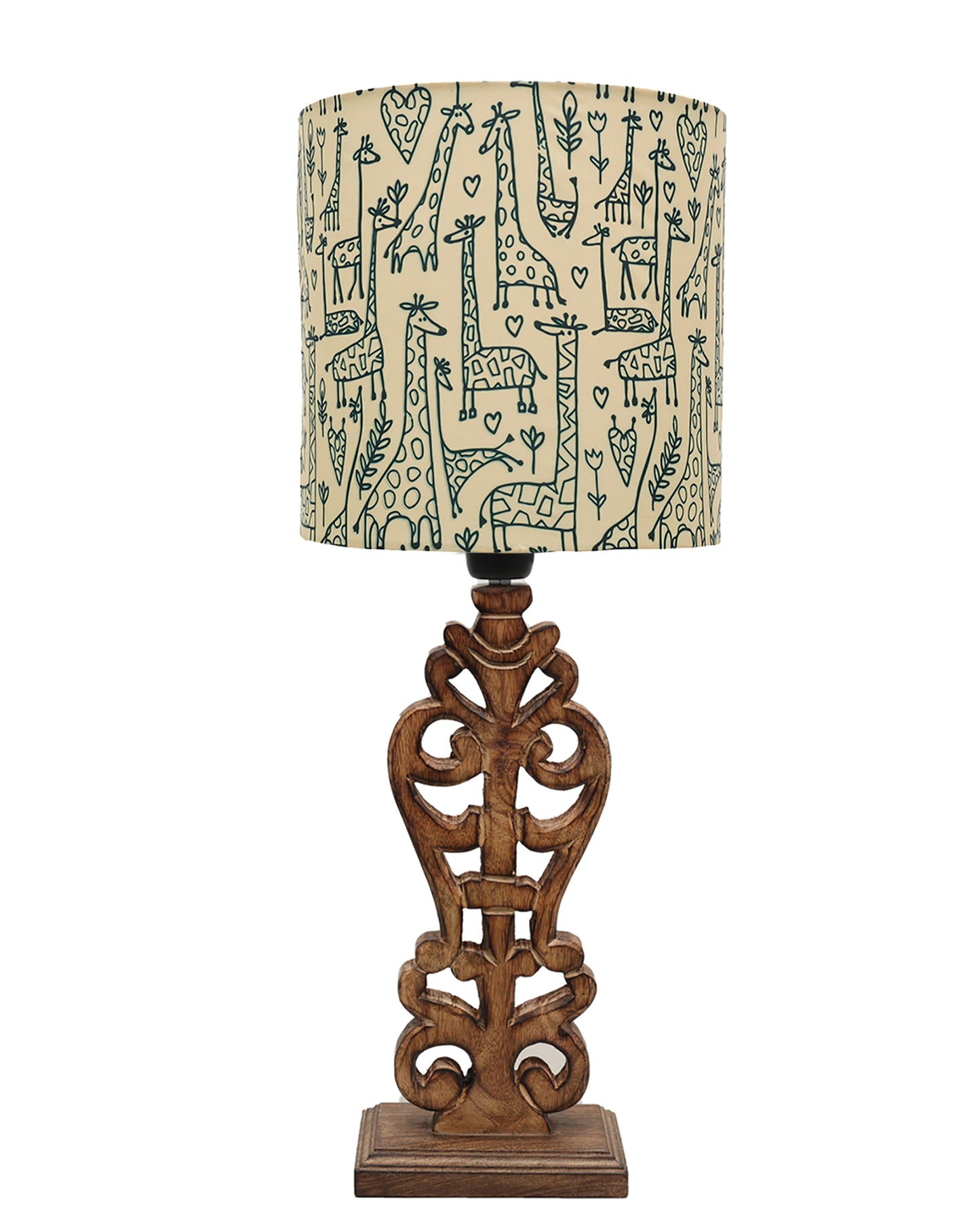 Sculptural Hand Carved Wood Table Lamp with Savannah shade, Antique Black
