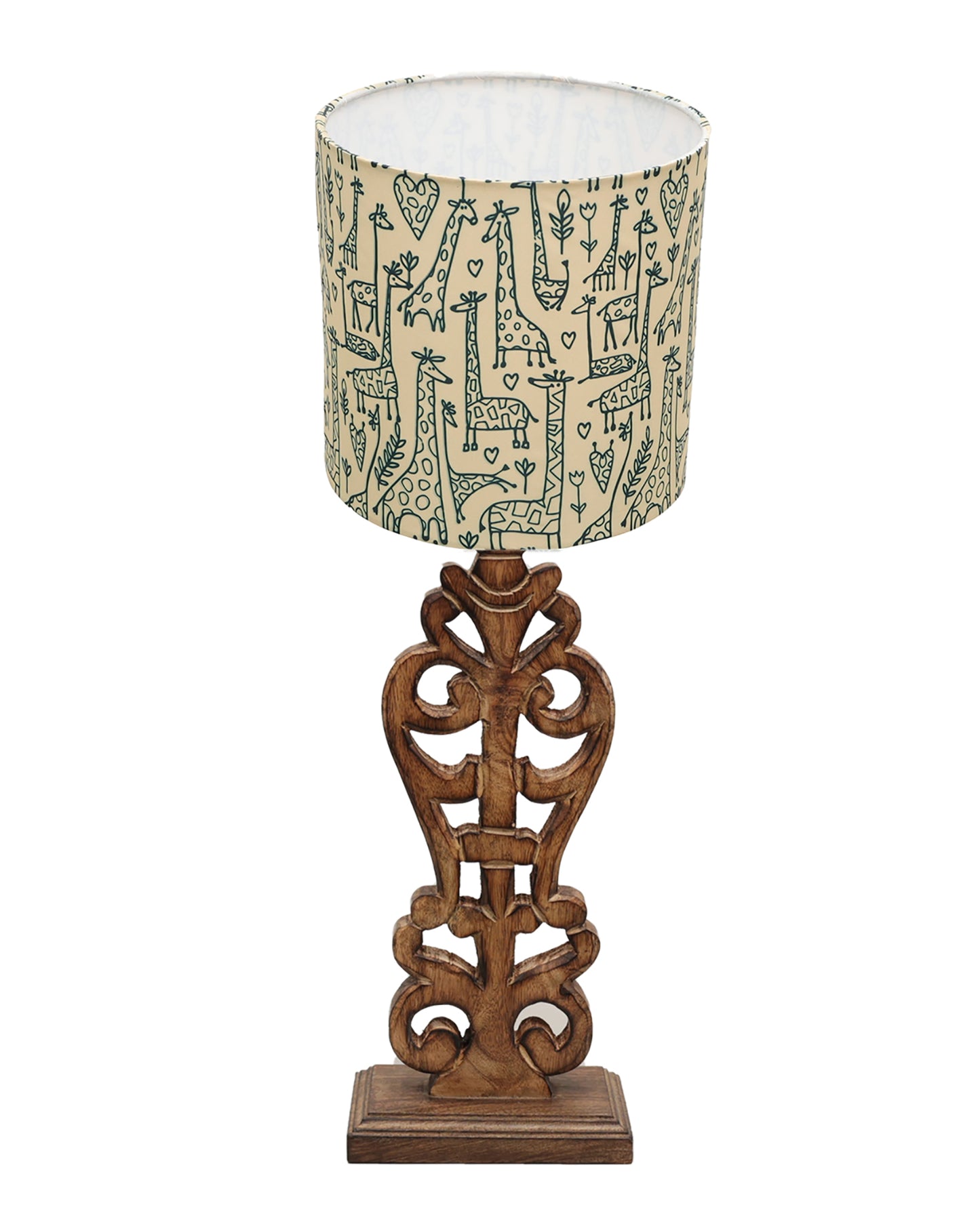 Sculptural Hand Carved Wood Table Lamp with Savannah shade, Antique Black